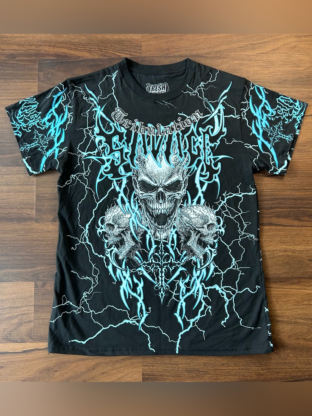 INSANE Fresh laundry Black Graphic AOP Skull Tee with Teal Accents